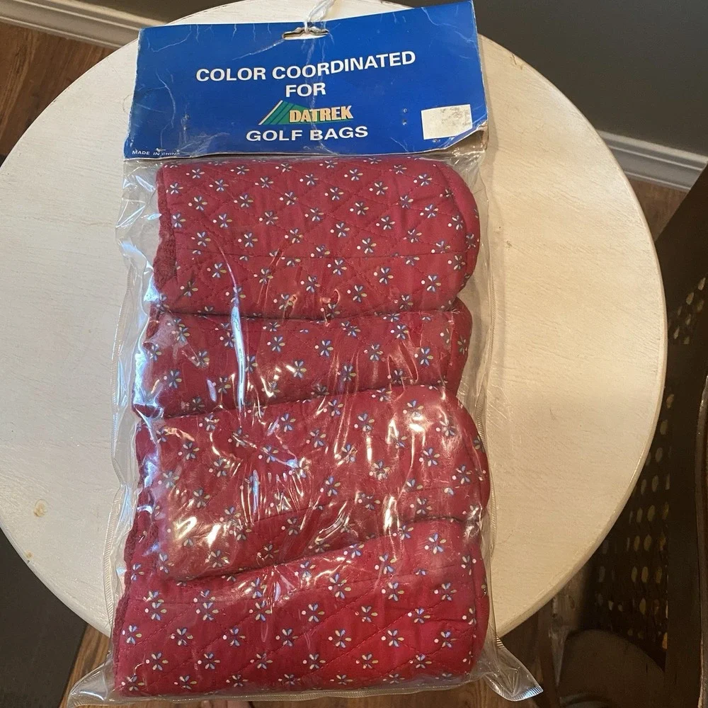 Datrek Golf‎ Club Head Covers Red Floral Vtg Set of 4 Quilted Logo 1 3 5 X New